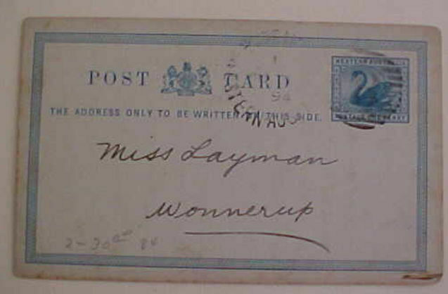Australia  West Perth 1894 To Wonnerup Wa Postal Card 1984 H & G Cat.$30.00