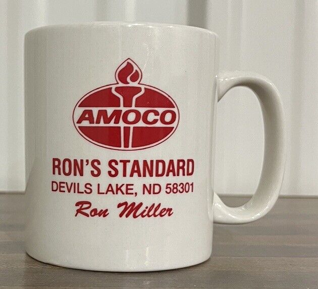 Vtg Amoco - Ron’s Standard - Mug Devil’s Lake Nd Oil Gas Station Advertising Cup