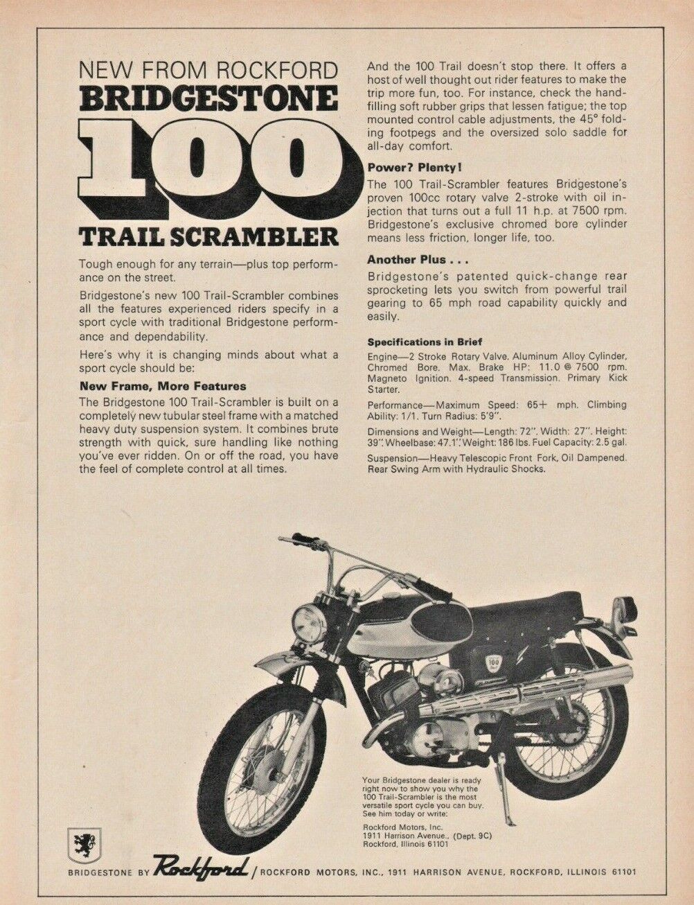 1968 Bridgestone 100 Trail Scrambler Rockford Illinois - Vintage Motorcycle Ad