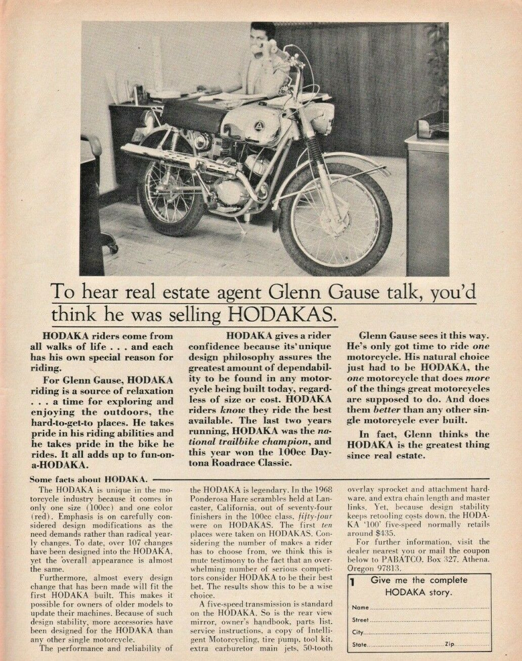 1968 Hodaka 100cc Daytona Road Race Classic - Vintage Motorcycle Ad