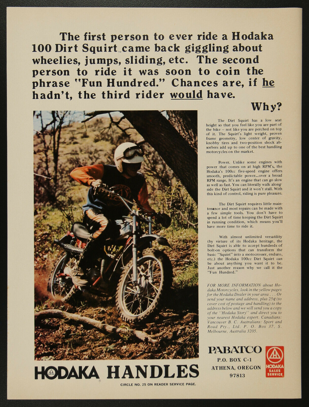 Hodaka 100 Dirt Squirt Bike Motorcycle Vintage Print Ad January 1975